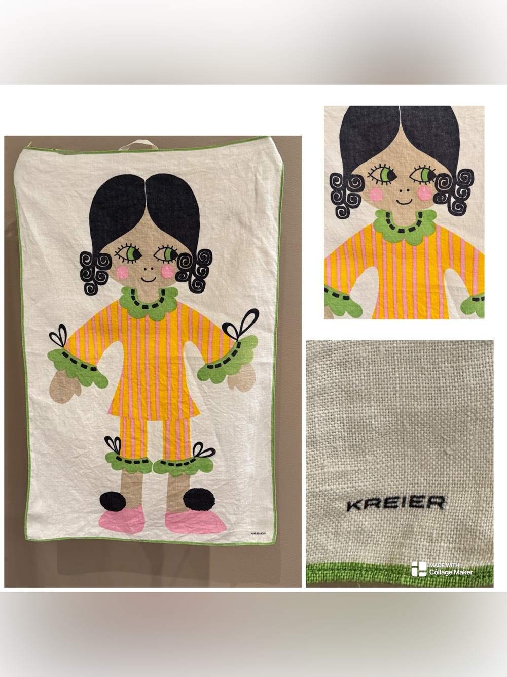 Vintage 1970s KREIER Switzerland Signed Linen Mod Girl Wall Hanging/Tea Towel